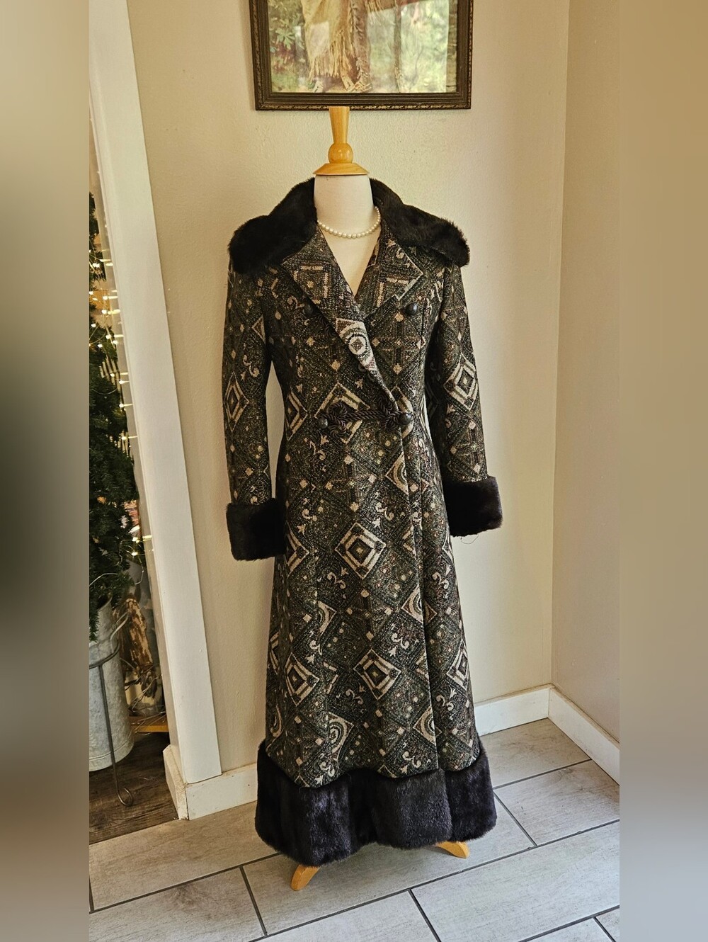 Stunning Vintage Tapestry Coat with Faux Fur Trim